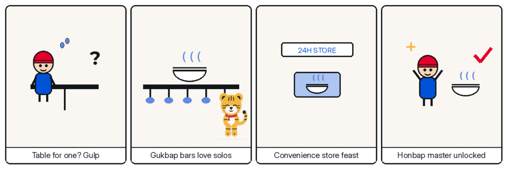Four-panel Hosuni comic — table for one? gulp; gukbap bars love solos; convenience store feast; honbap master unlocked