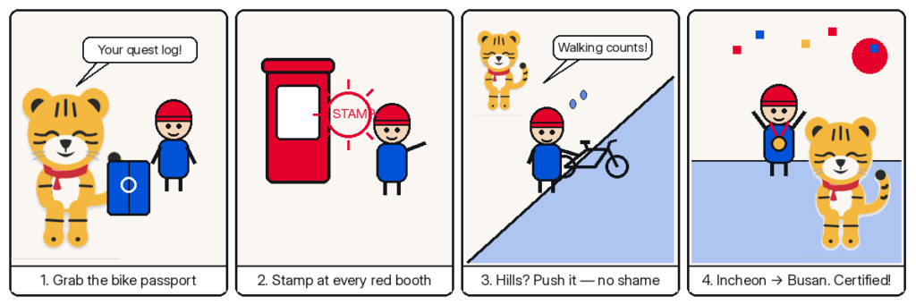 Four-panel Hosuni comic about Korea's cross-country bike path: grab the bike passport, stamp at every red booth, push the bike uphill, and get certified riding from Incheon to Busan