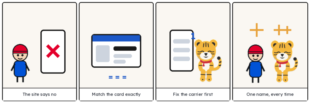 Four-panel comic on matching your name to your Korean residence card