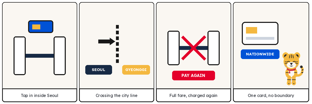 Four-panel comic: a rider boards in Seoul with an unlimited pass, crosses the city boundary, is stopped at the gate in Gyeonggi and pays the whole fare again, then switches to a refund-based card that works nationwide.