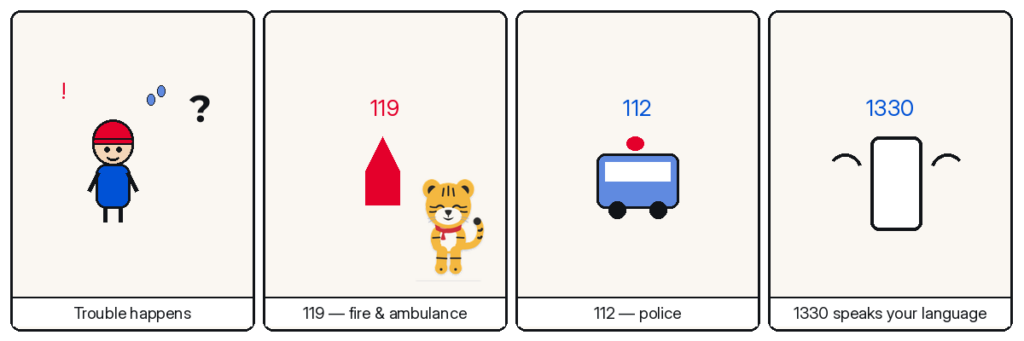 Four-panel Hosuni comic — trouble happens; 119 — fire & ambulance; 112 — police; 1330 speaks your language
