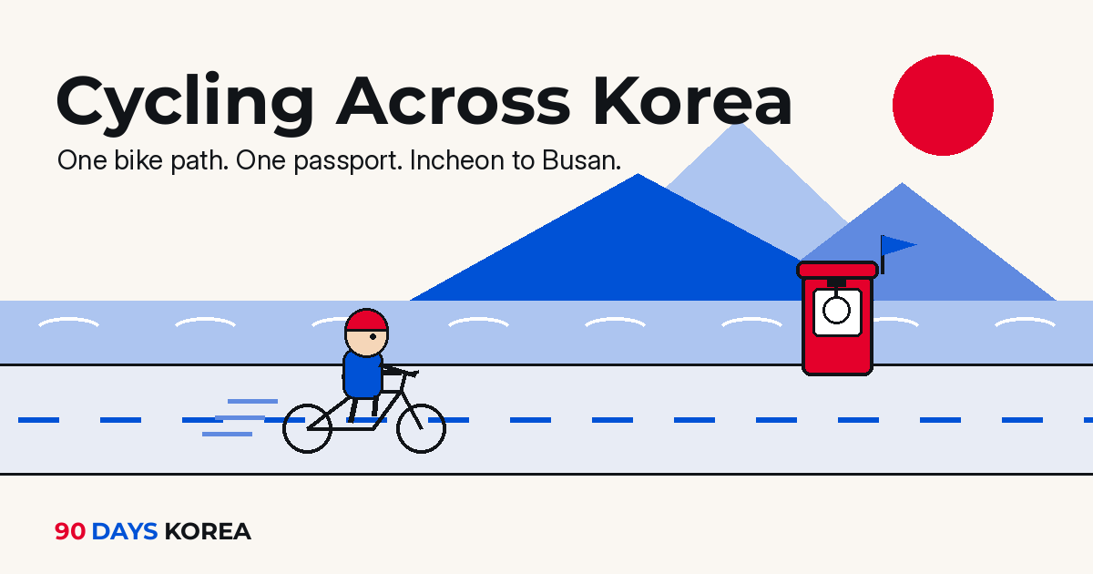 Flat illustration of a cyclist in a red beanie riding Korea's cross-country bike path past a red certification stamp booth, with blue mountains, a river, and the title "Cycling Across Korea" — 90DaysKorea