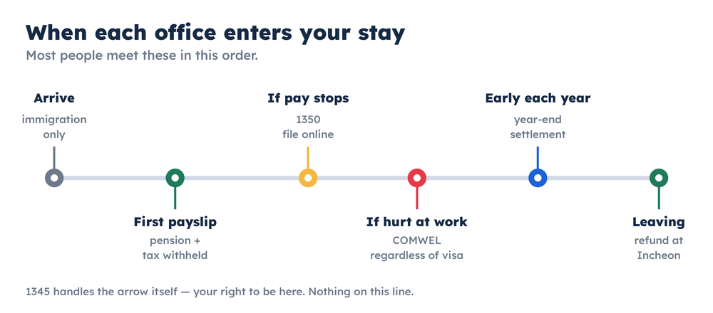 Timeline showing when each Korean money office enters a foreign resident's stay, from arrival to departure