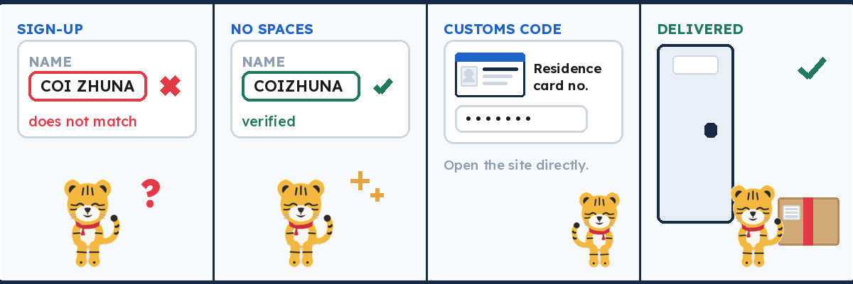 Four-panel comic: a sign-up screen rejects a name typed with a space, the same name typed without a space is accepted, a customs code screen asks for a residence card number, and a parcel finally arrives at an apartment door