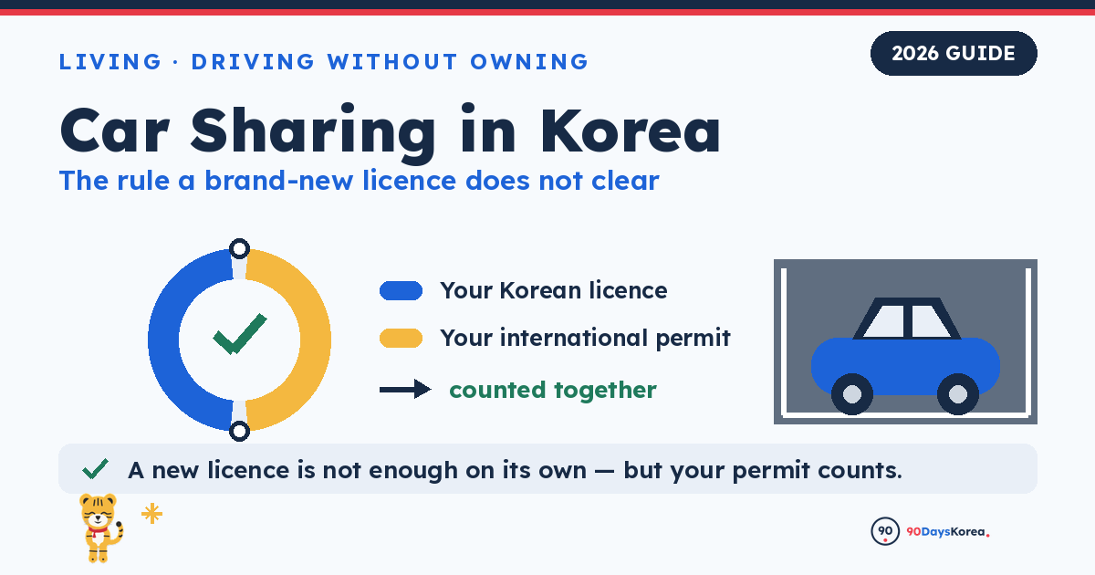 A new Korean driving licence card beside a car-sharing app screen showing a locked booking, with a one-year countdown between them