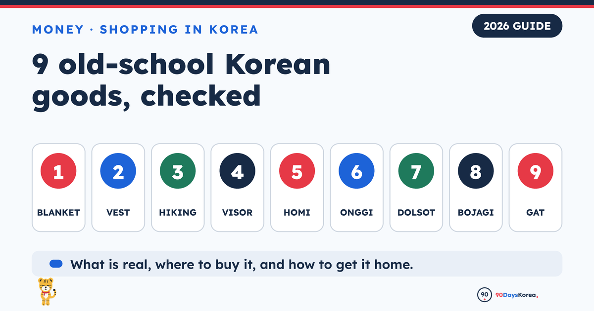 Nine numbered tiles for blanket, vest, hiking, visor, homi, onggi, dolsot, bojagi and gat under the title 9 old-school Korean goods, checked.